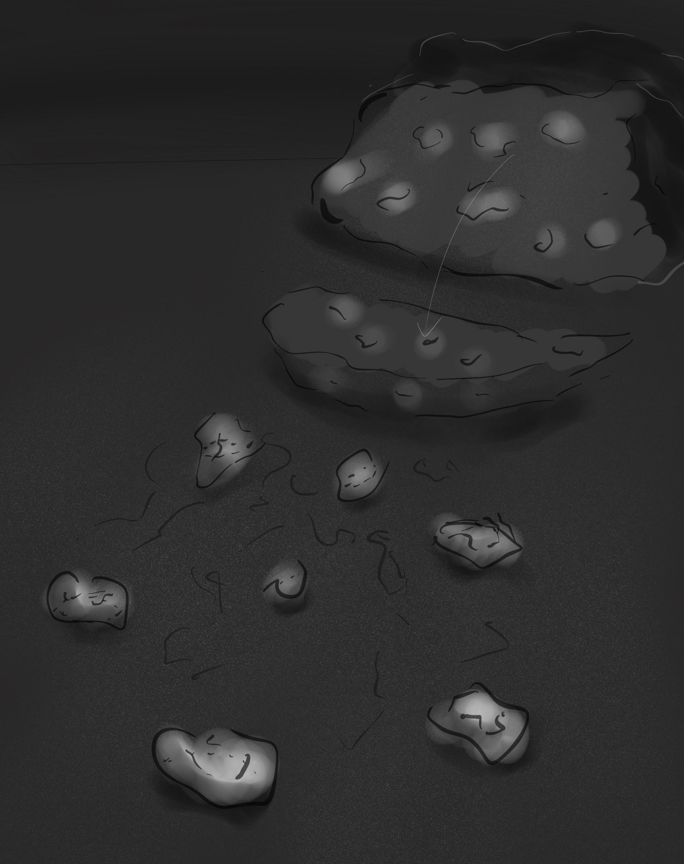 Sketch of the meteorite split open, spilling grains onto a surface.
