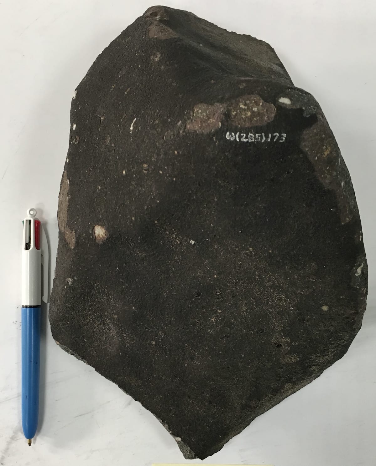Photo of the exterior crust of a fragment of the Allende meteorite.